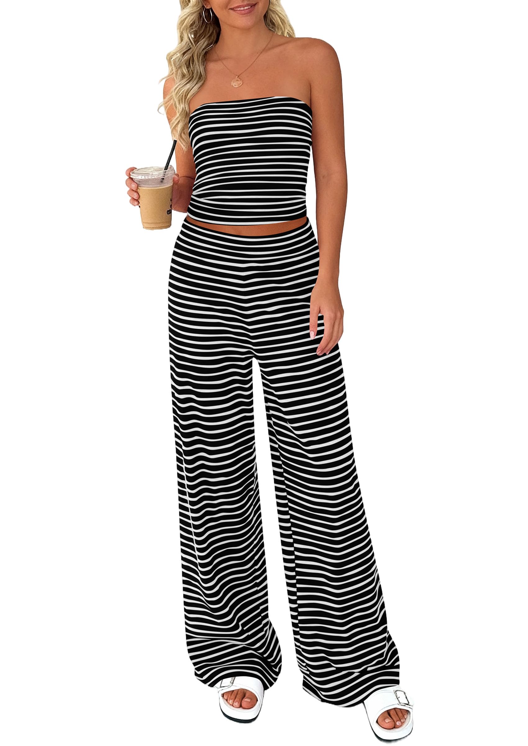 Photo 1 of PRETTYGARDEN Two Piece Striped Sets for Women Summer Travel Outfits 2026 Spring Y2K Going Out Vacation Clothes Loungewear (Black White,Medium)