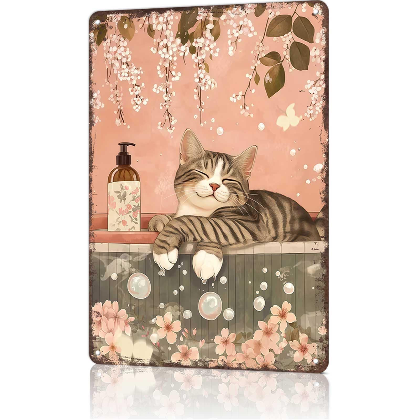 peiyeety Vintage Japanese Bathroom Decor Metal Sign Featuring Gray Tabby Cat In Bathtub, Retro Cat Poster For Bathroom Wall Decor, Aluminum Metal Plaque Tin Sign, 8x12 Inches