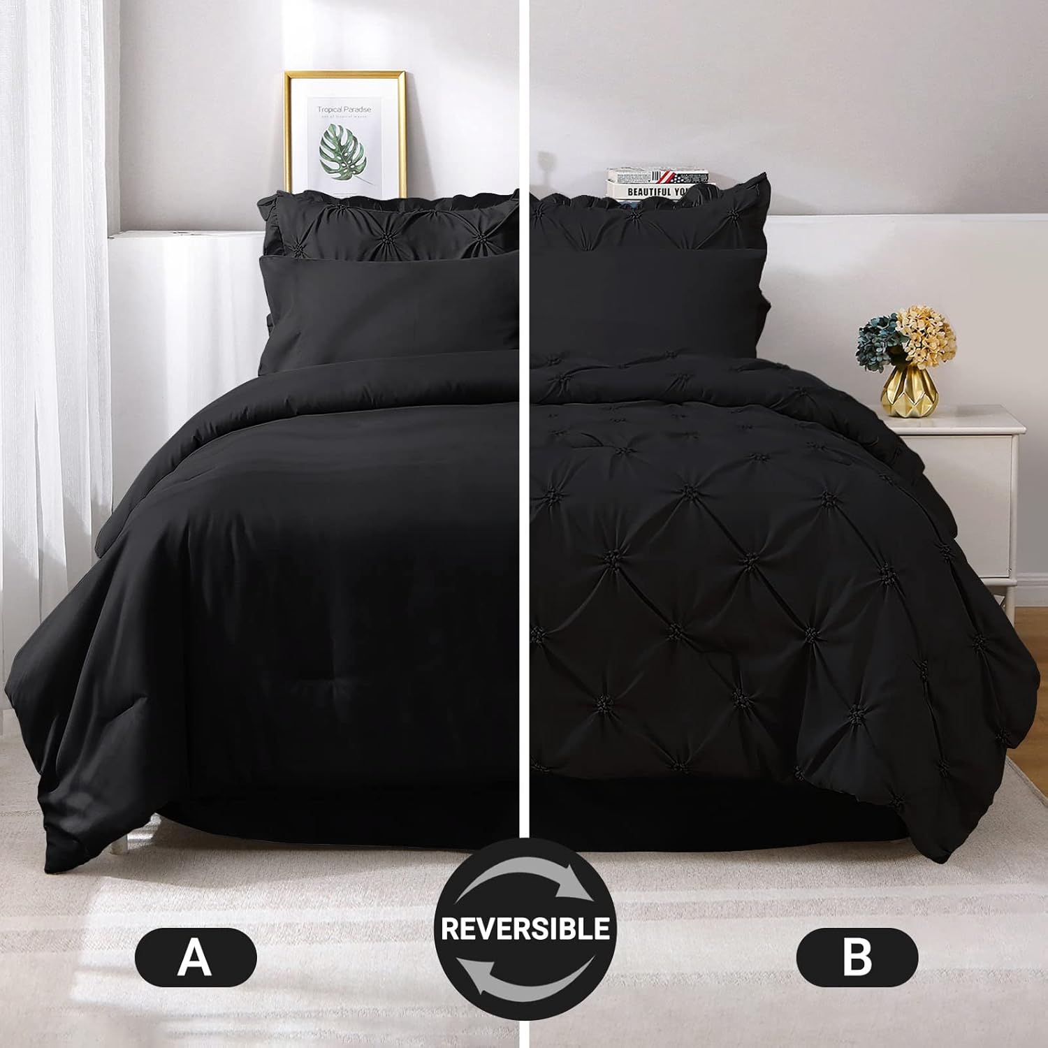 JOLLYVOGUE Black Twin Size Comforter Sets 5 Pieces, Pintuck Bed in a Bag Comforter Set for Bedroom, Bedding Comforter Sets with Comforter, Sheets,Ruffled Shams & Pillowcases - Image 4