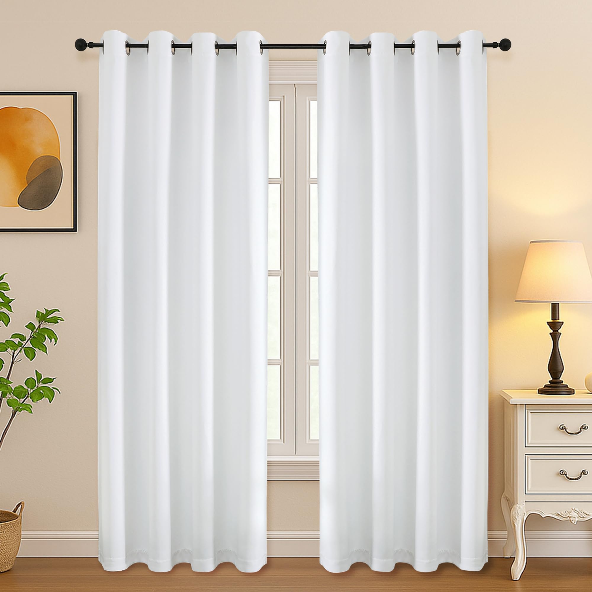 Simplebrand Pure White Curtains for Bedroom Living Room 72 Inches Long 2 Panels Set, Light Filtering Thermal Insulated Curtains &amp; Drapes, Solid Grommet Noise Reducing Window Treatment, W50 x L72 Inch
