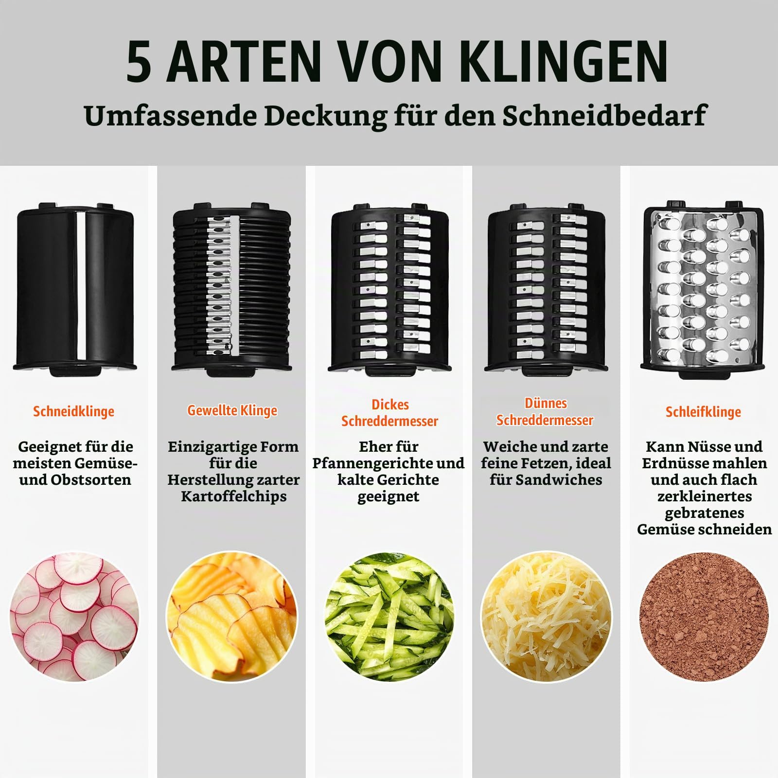 VEVOR Elektrische Käsereibe/Salatzubereiter, 250 W Salatschleuder, Elektrischer Gemüseschneider Gemüsehobel, Zerkleinerer für Obst mit 5 Aufsätzen, Lebensmittelschneider aus Edelstahl & ABS