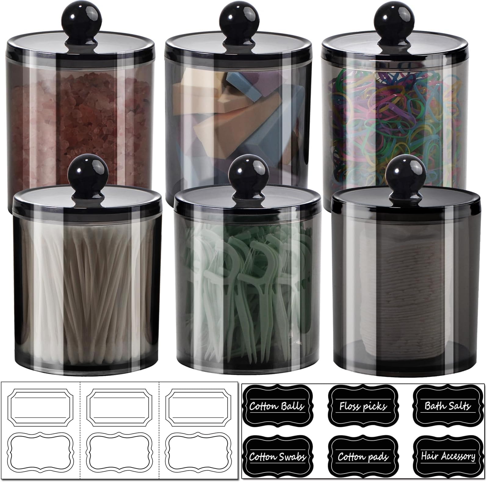 SheeChung 6 Pack Qtip Holder,Black Qtip Dispenser Apothecary Jars with Lids for Cotton Swabs,Balls,Pads,12oz & 10oz Acrylic Bathroom Organizer Set - Shatterproof Minimalist Clear Storage Canisters