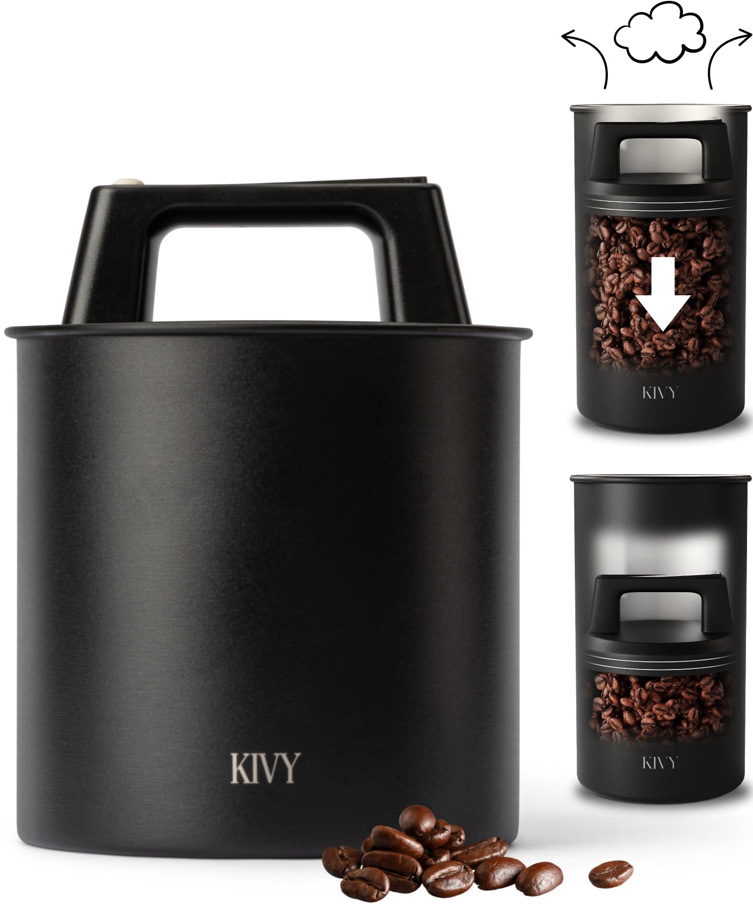 KIVYVacuum Coffee Canister - Push Lid Preserves Coffee Aroma & Oil - Stainless Steel Airtight Coffee Canister - Coffee Container - Removes Excess Air