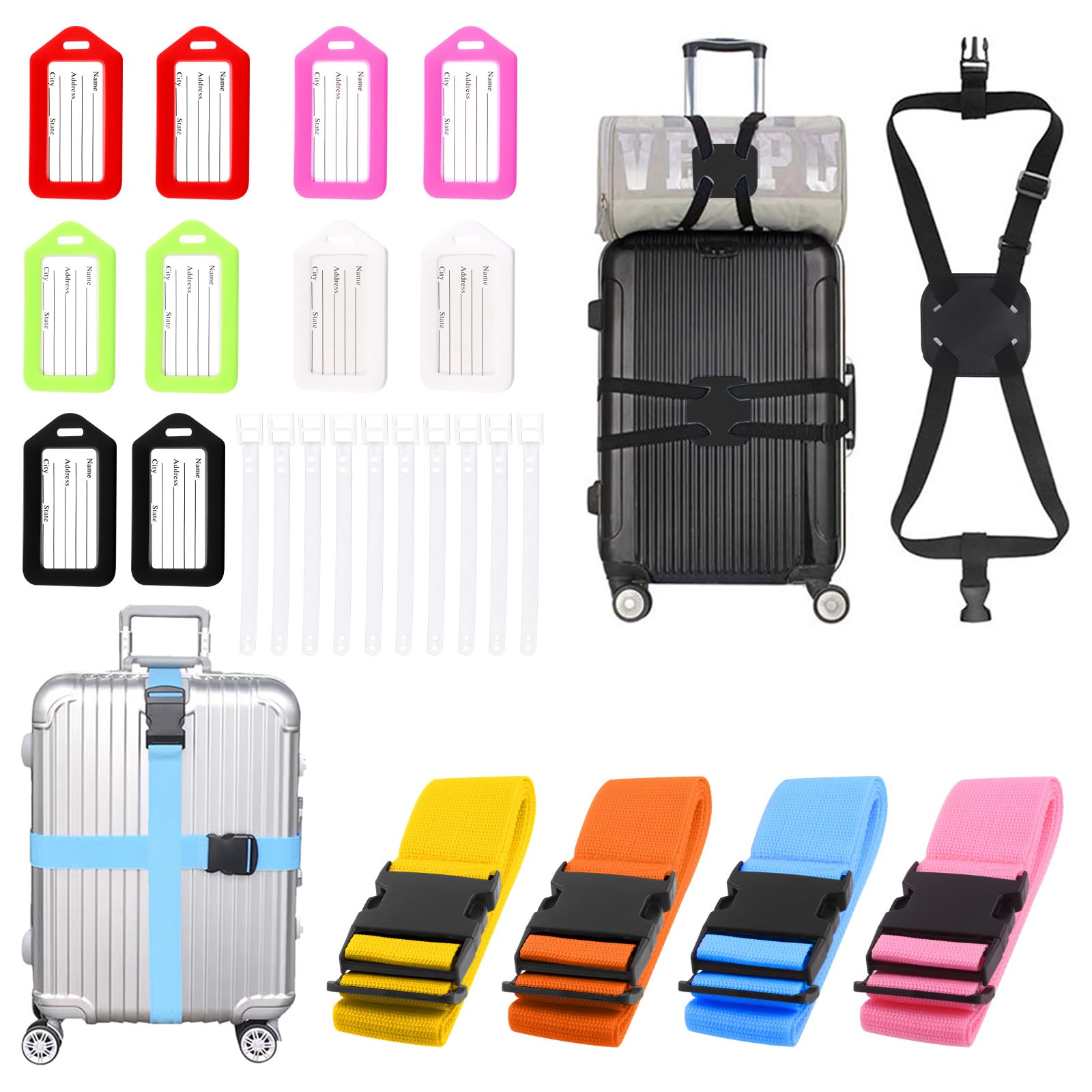 Glarks 25Pcs Luggage Straps, Luggage Tags and Backpack Strap Kit, Suitcase Belts Wide Adjustable Packing Straps and Plastic Luggage Identifiers with Lanyard for Travel All Suitcase Baggage