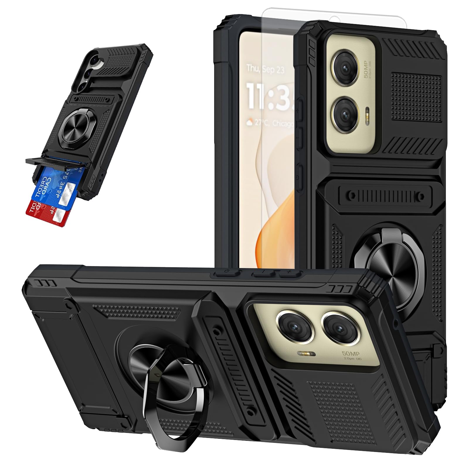 Furiet Phone Case for Motorola Moto G Stylus 5G 2024 with Tempered Glass Screen Protector Card Slot Magnetic Ring Stand Shockproof Soft Silicone