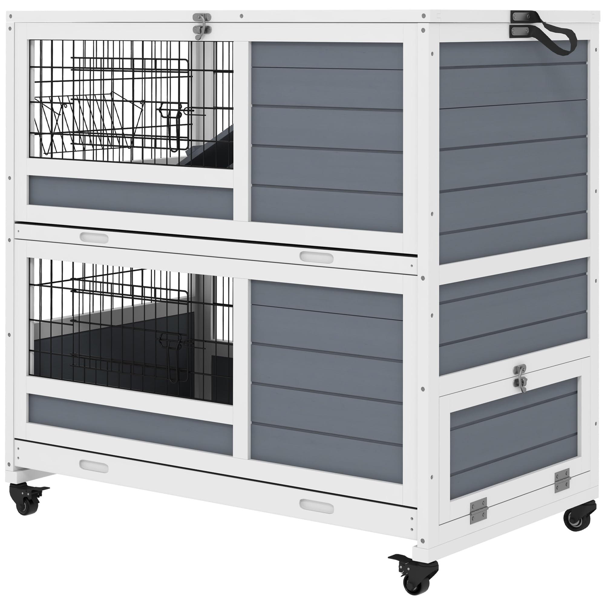 PawHut Clapier en Bois d'intérieur, Cage à Lapin sur roulettes à 2 Niveaux avec 2 Plateaux coulissants, Porte verrouillable, mangeoire, 90 x 53 x 97 cm, Gris