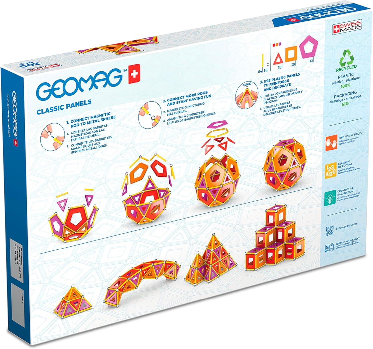 Geomag - Klasyczne panele Konstrukcja magnetyczna dla dzieci Green Line 100% plastik z recyklingu, 200 sztuk, 474