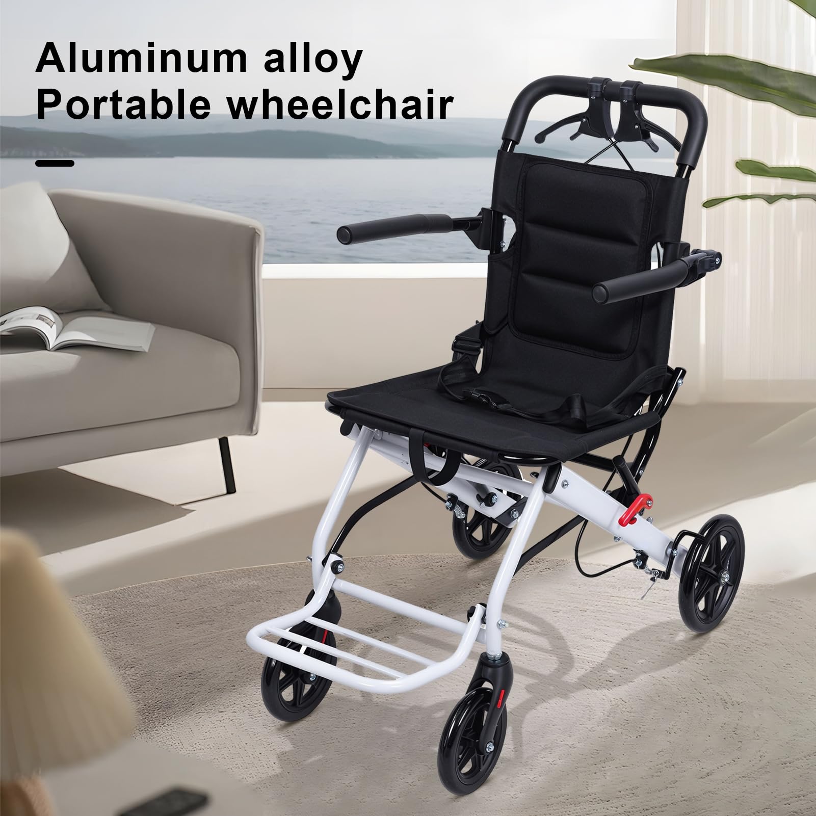Silla de ruedas portátil de transporte, ligera, silla de ruedas plegable compacta con construcción de acero al carbono, freno de mano integrado, ruedas de 360 grados para adultos y niños