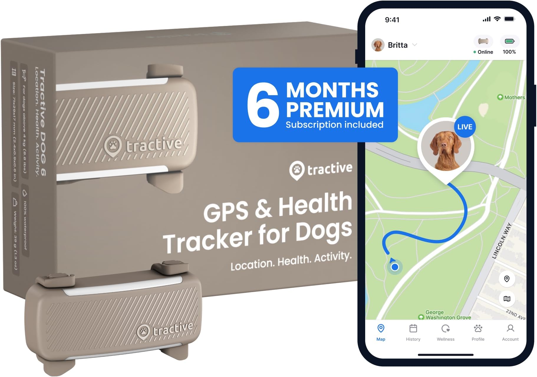 GPS Dog Tracker (2025 Release with Free 6 Month Subscription) | Real-time Pet Location Tracker | Health & Wellness Alerts | Virtual Fence for Dogs | Bark Monitoring (Brown)