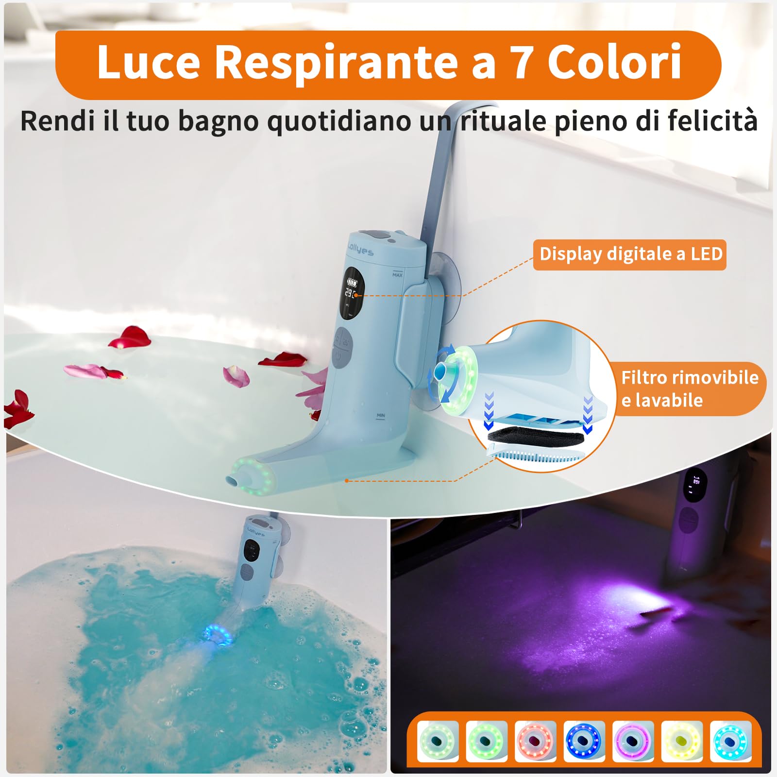Spa Idromassaggio a Bolle per Vasca da Bagno con Doppie Modalità di Idroterapia, Flusso d’Acqua a 3 Livelli, Impermeabile IP68, Luce LED, Wireless Batteria da 2600mAh (Blu)