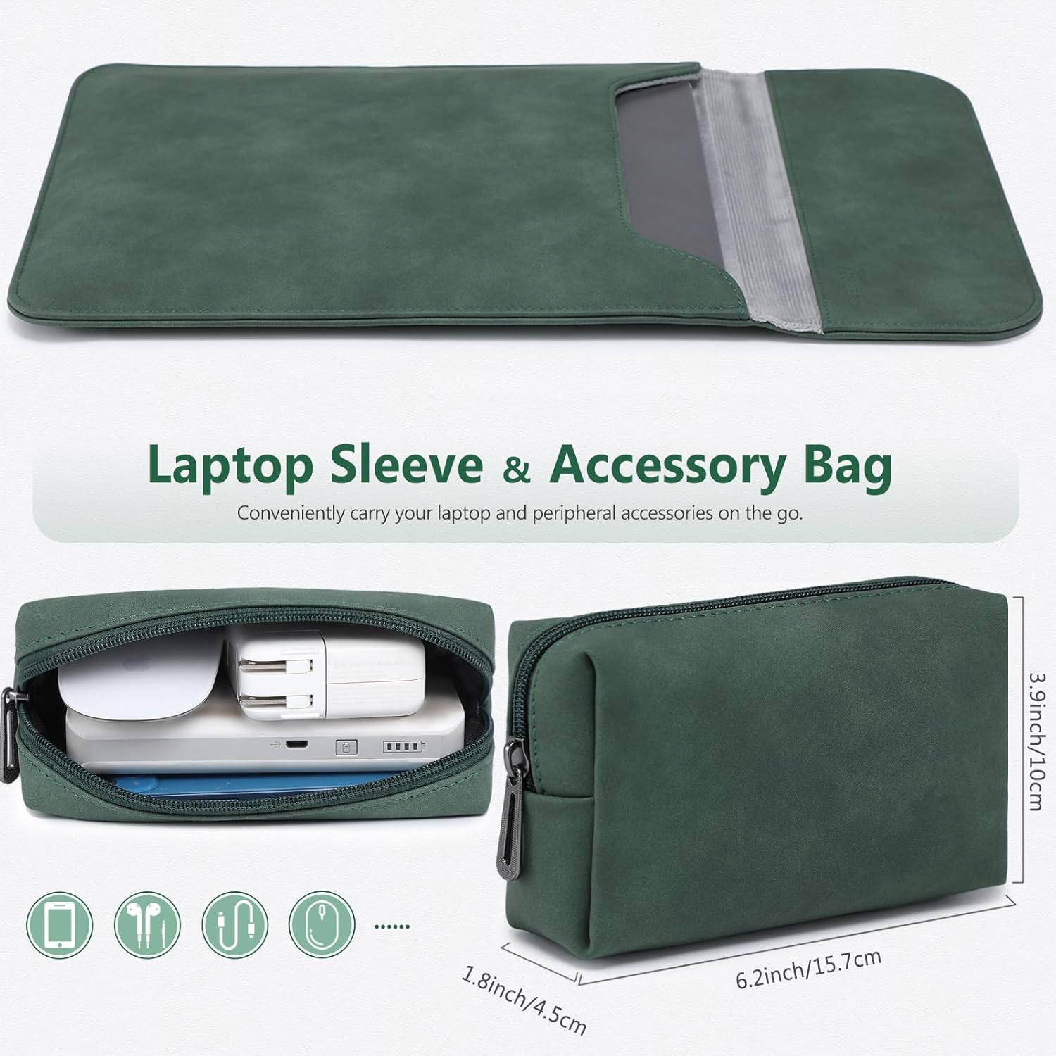 HYZUO 13.3-14 Inch Laptop Sleeve for MacBook Pro 14 M5/M4/M3/M2/M1 Pro/Max 2026-2021, 13.3" MacBook Air/Pro, 13.5-13.8 Surface Laptop, HP Envy 13, Faux Suede Leather Case with Pouch, Midnight Green - Image 2