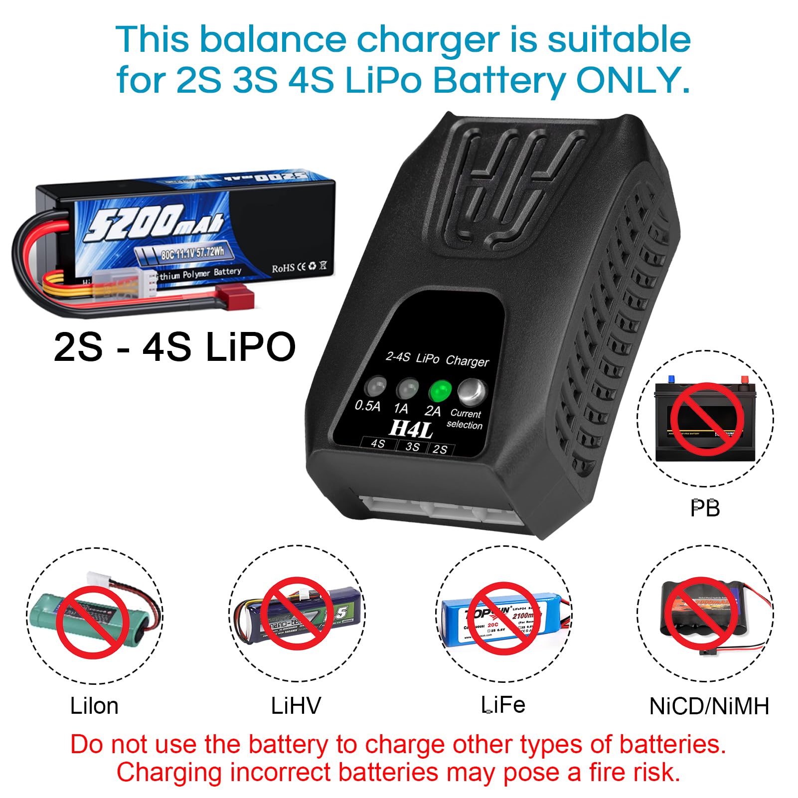 HTRC Lipo - Caricatore per batterie Lipo 2-4S (7,4 V-14,8 V), caricatore RC, caricatore Lipo Balancer Airsoft per auto RC, armi airsoft, barche RC, ecc