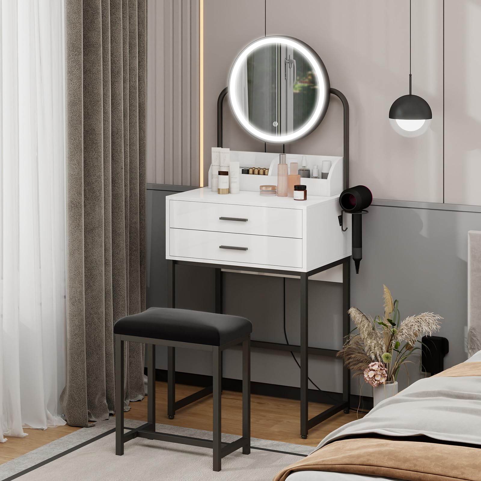 YU YUSING Tocador con Espejo LED, Tocador de Maquillaje con Taburete