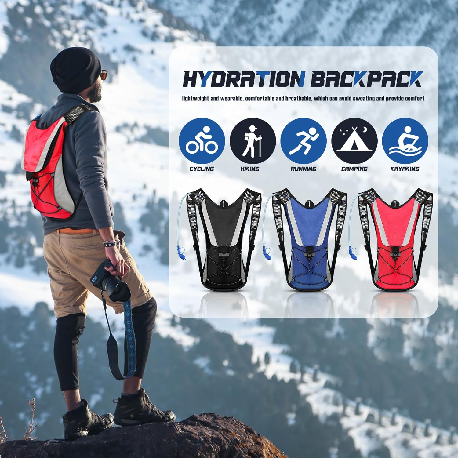 3 Pack Hydration Backpack with 2l Water Bladder,Hydration Pack with Bladder Hiking Running Cycling Biking Water Backpack Bag for Men and Women