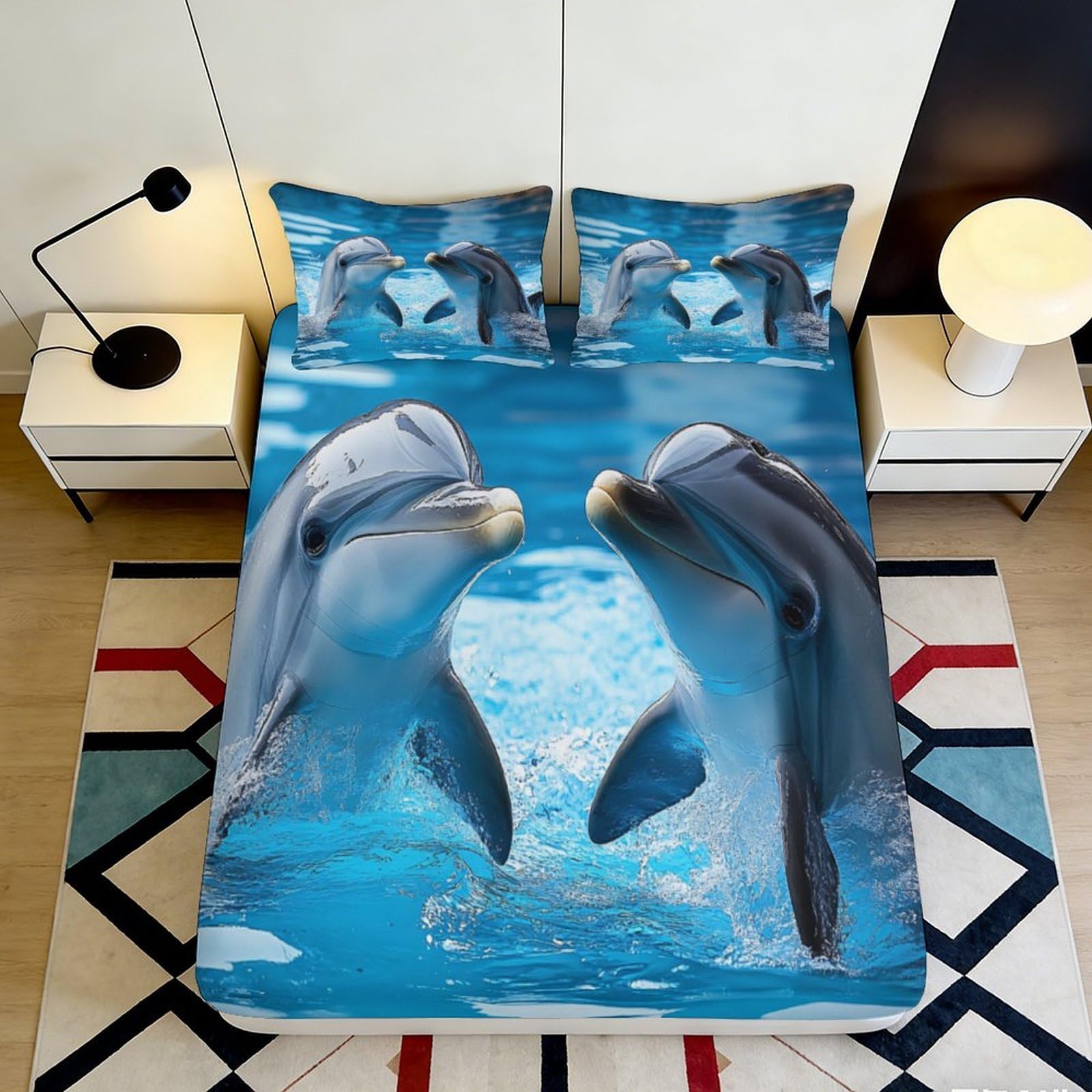 3D Printed Colourful Dog Fitted Sheet Microfiber Deep Pocket Non-Slip Artistic Mattress Fitted Cover for Bedroom 200x200x25cm