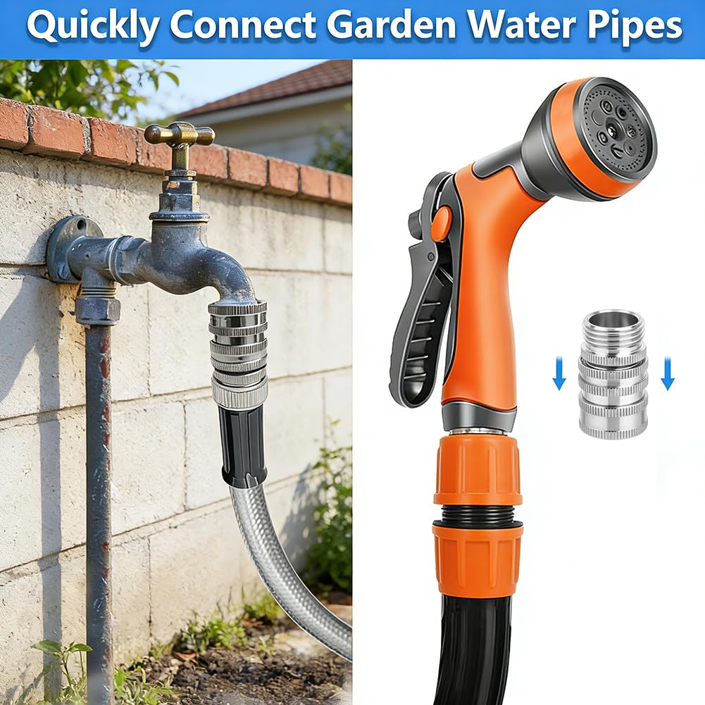 Set di raccordi rapidi per tubo da giardino, in acciaio inossidabile, 8 kit da 3/4 di pollice GHT, connettori rapidi per tubi flessibili resistenti, adattatori per rubinetti da giardino
