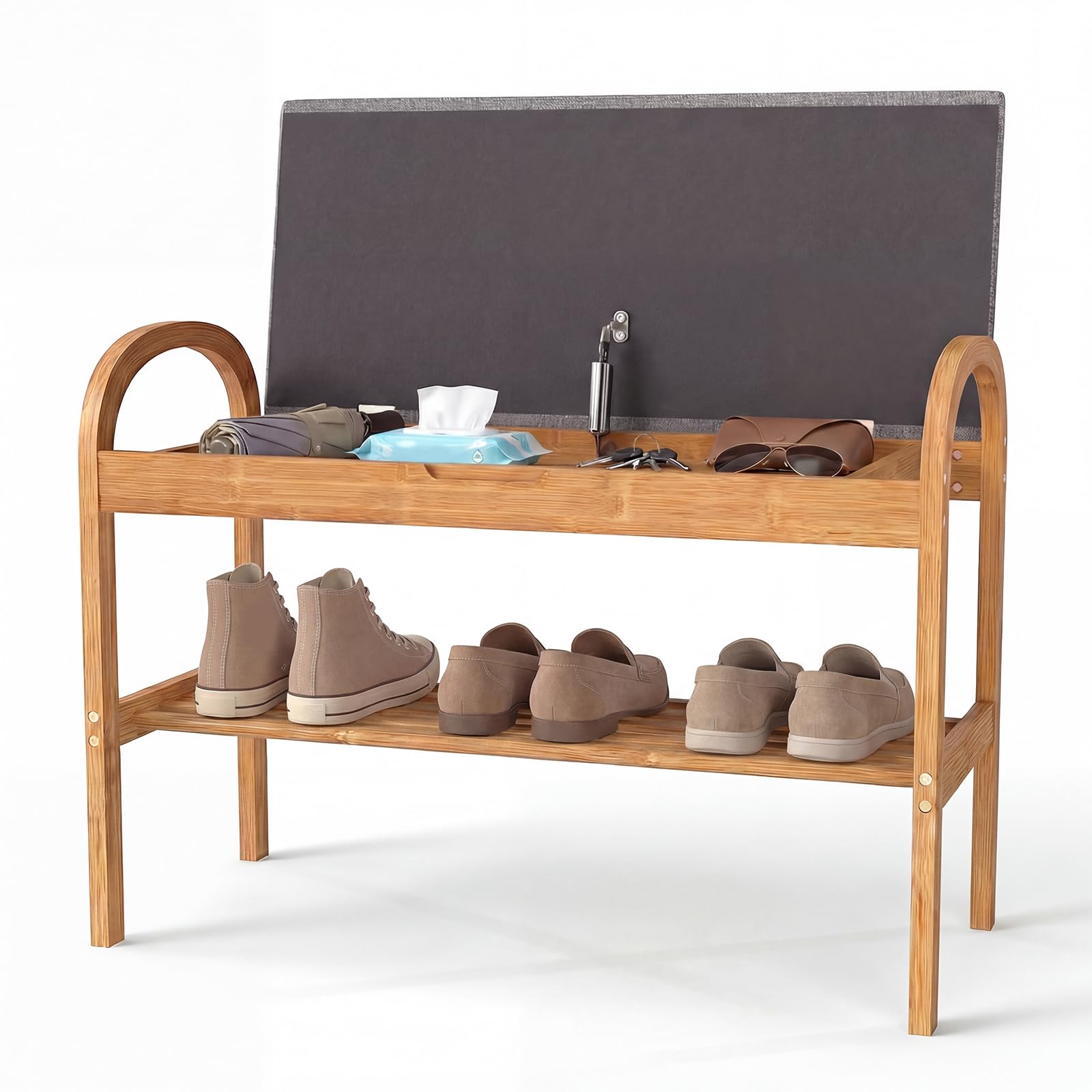 SOARS Panca Scarpiera da Ingresso in Legno Bambù 2 Livelli con Contenitore | Panca Imbottita Porta Scarpe per Corridoio, Camera da Letto e Soggiorno, Carico 150 kg, 70 x 30 x 51 cm