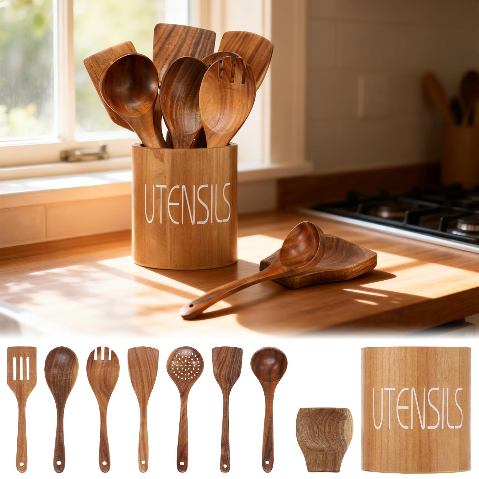 9er Set Kochlöffel Holz Set aus Teakholz mit Halter Pfannenwender Holz und Schöpflöffel Küchenutensilien für Antihaftpfannen Hitzebeständig Robustes Kochbesteck Unikat Naturholz Braun