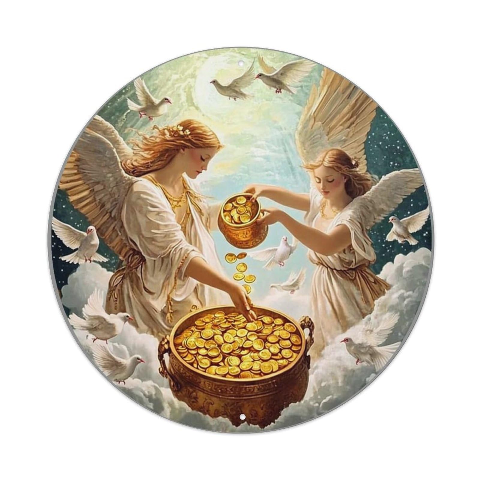 Angels Pouring Gold Coins Into Basin Metal Tin Sign Plaque