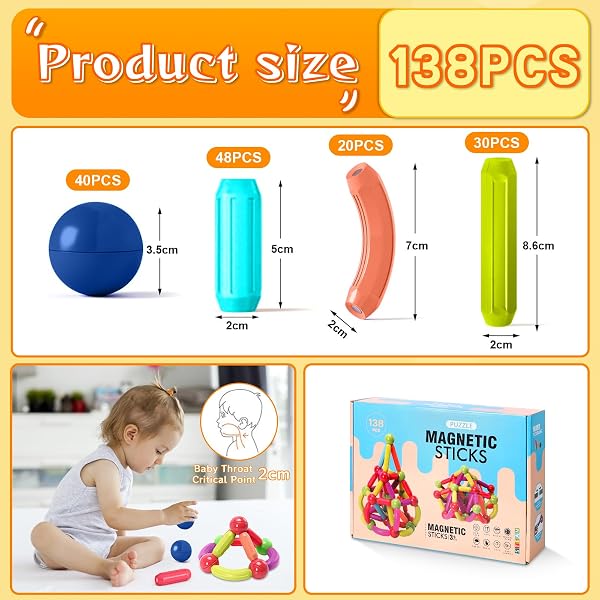 JUQG 138Pcs Juguetes de Bloques de Construcción Magnéticos, 3D Juguetes Educativos de Bloques de Construcción, Juguetes de Construcción Magnéticos para Niños y Niñas de 3 4 5 6 7 8 años (138Pcs) - 2