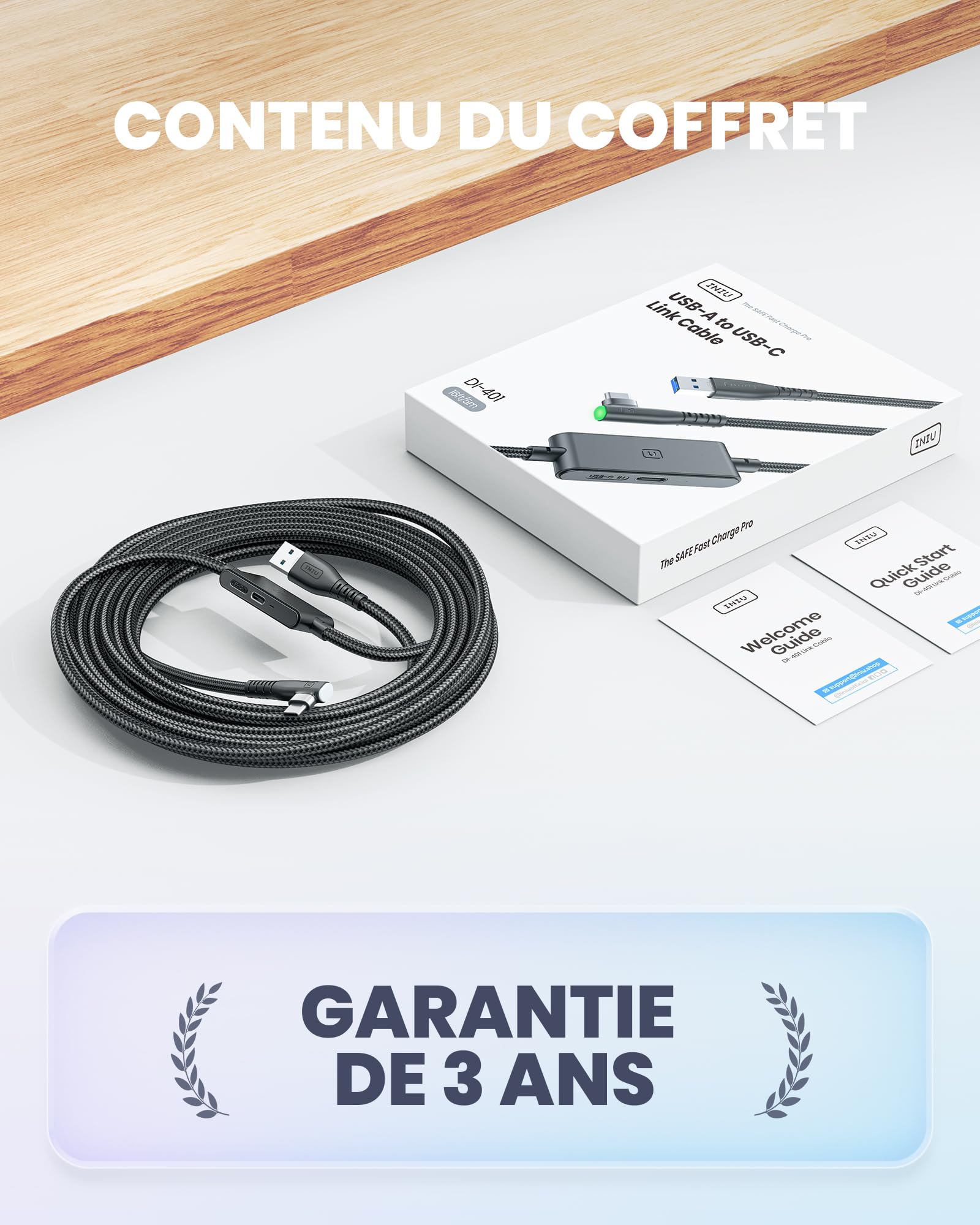INIU Câble Link 5 mètres, Compatible avec Meta/Oculus Quest 3/2/Pro et Pico 4 Accessoire et PC/Steam VR, Câble de liaison USB 3.0 haute vitesse de transfert de données USB C avec port de charge séparé