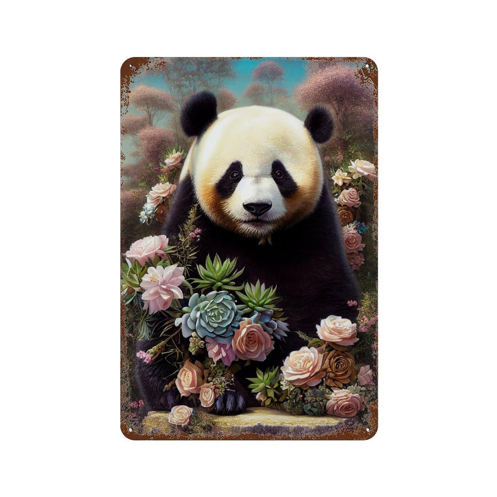 Garage Style Giant Panda with Flowers Rustic Tin Plaque 11.8"x7.9", Farmhouse Wall Decor for Bar And Workshop