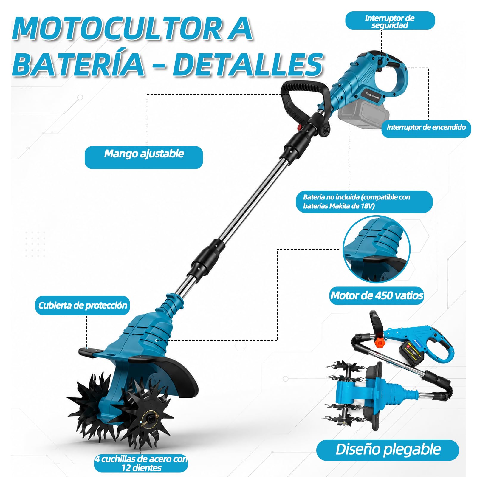 Azada con batería con motor sin escobillas para Makita 18 V, batería de 350 W, profundidad de trabajo de 16 cm, ancho de trabajo de 23 cm, (sin batería)