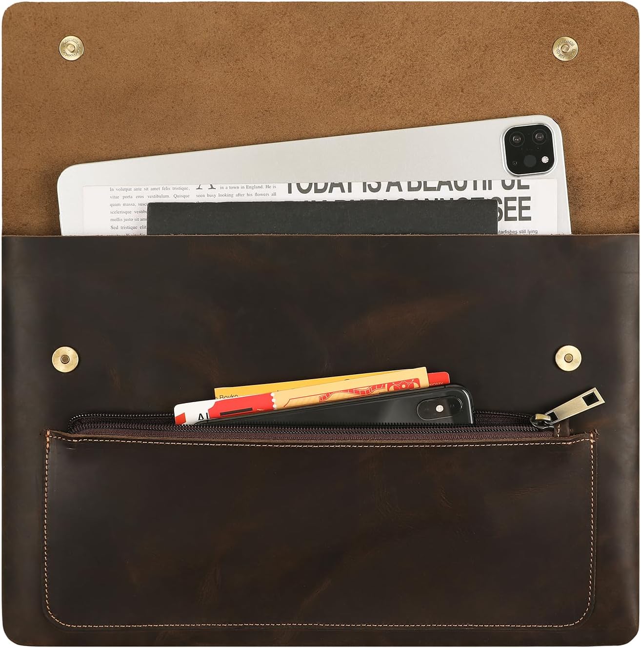 Genuine Leather Sleeve for 13/14/15-in MacBook Pro & MacBook Air, Slim Protective Laptop Case, Folio Document Organizer Leather Folder Portfolio-Dark Kahki