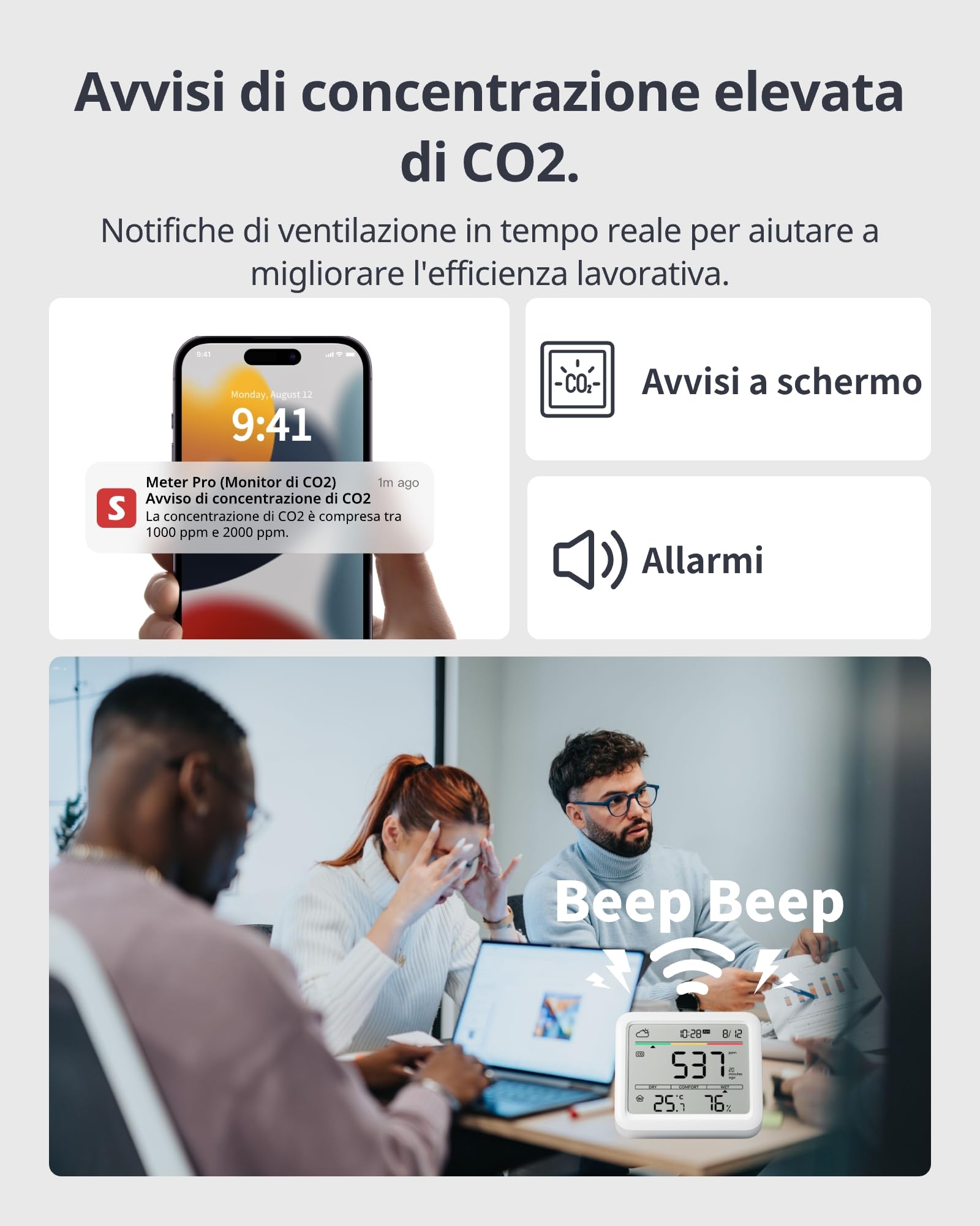 SwitchBot rilevatore di CO2, termometro ambiente interno con sensore CO2, ampio display, tester di qualità dell'aria Bluetooth, igrometro umidità casa