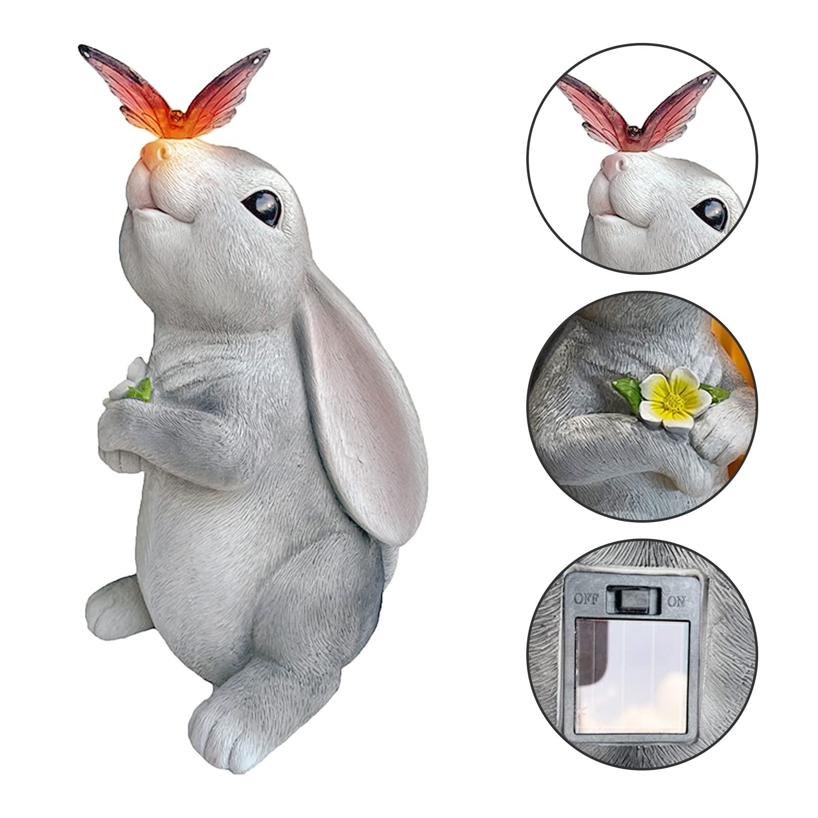 Statua Giardino Coniglio Solare Con LED: Decorazione Da Esterno In Resina, 7 Luci Colorate E Farfalle, Impermeabile IP65