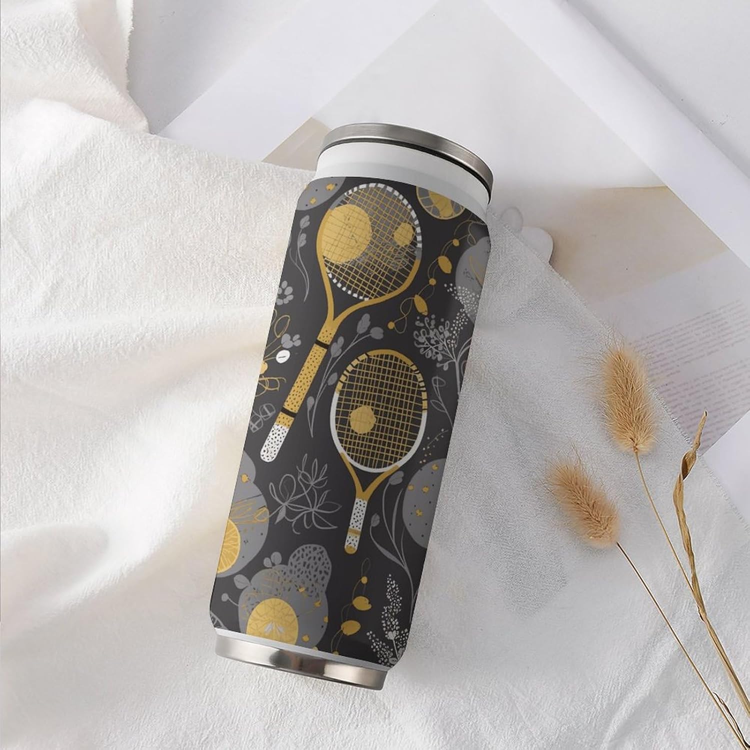 Stainless Steel Cups Racquets And Tennis Balls Printed Coke Cup Stainless Steel Insulated Cups with Lid And Straw