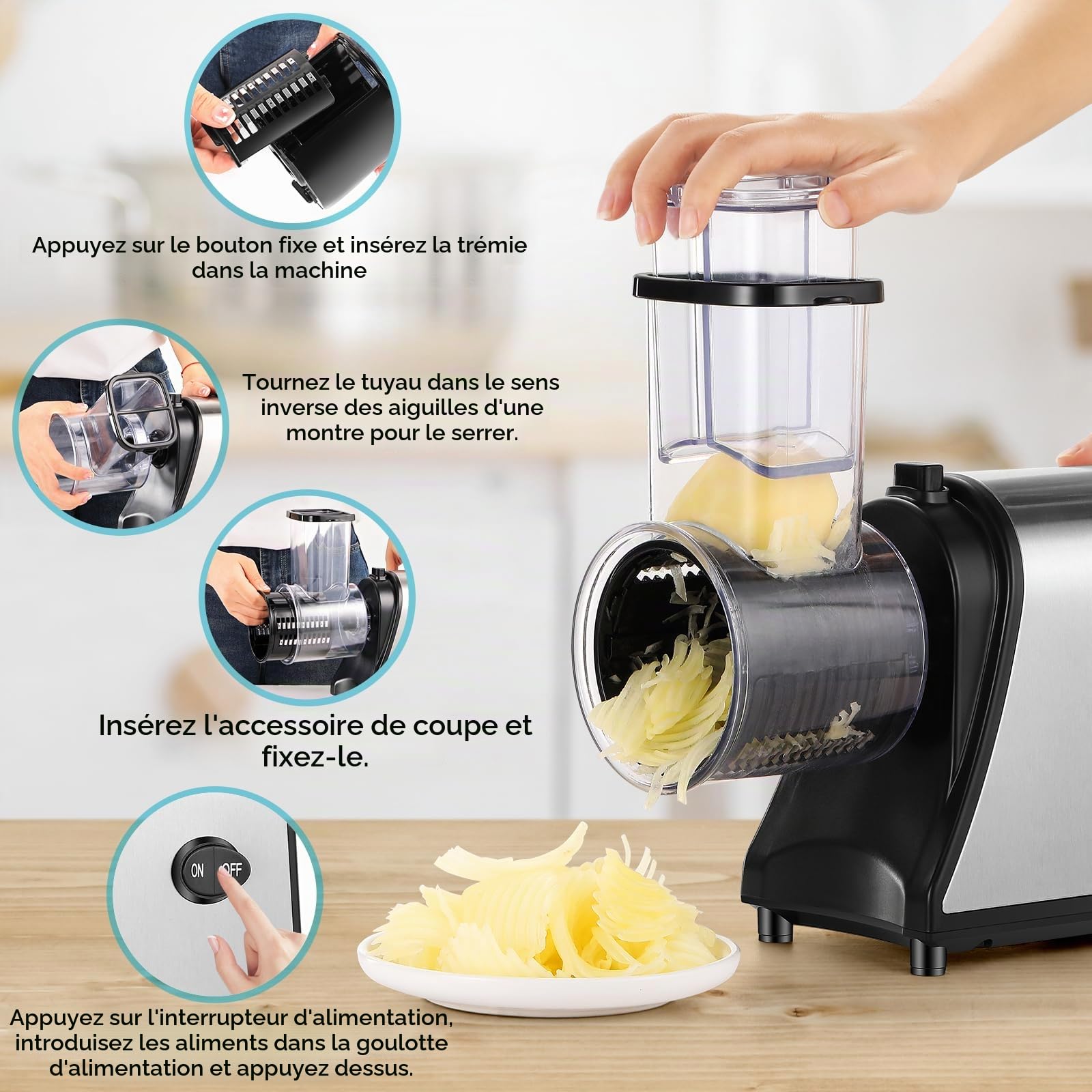 Coupe-légumes électrique, Gros Calibre Amélioré Rape à Fromage, 250W Râpe a Légumes Électrique, Hachoir Multifonctionnel Râpe, Râpe Carottes Electrique, avec 5 Lames