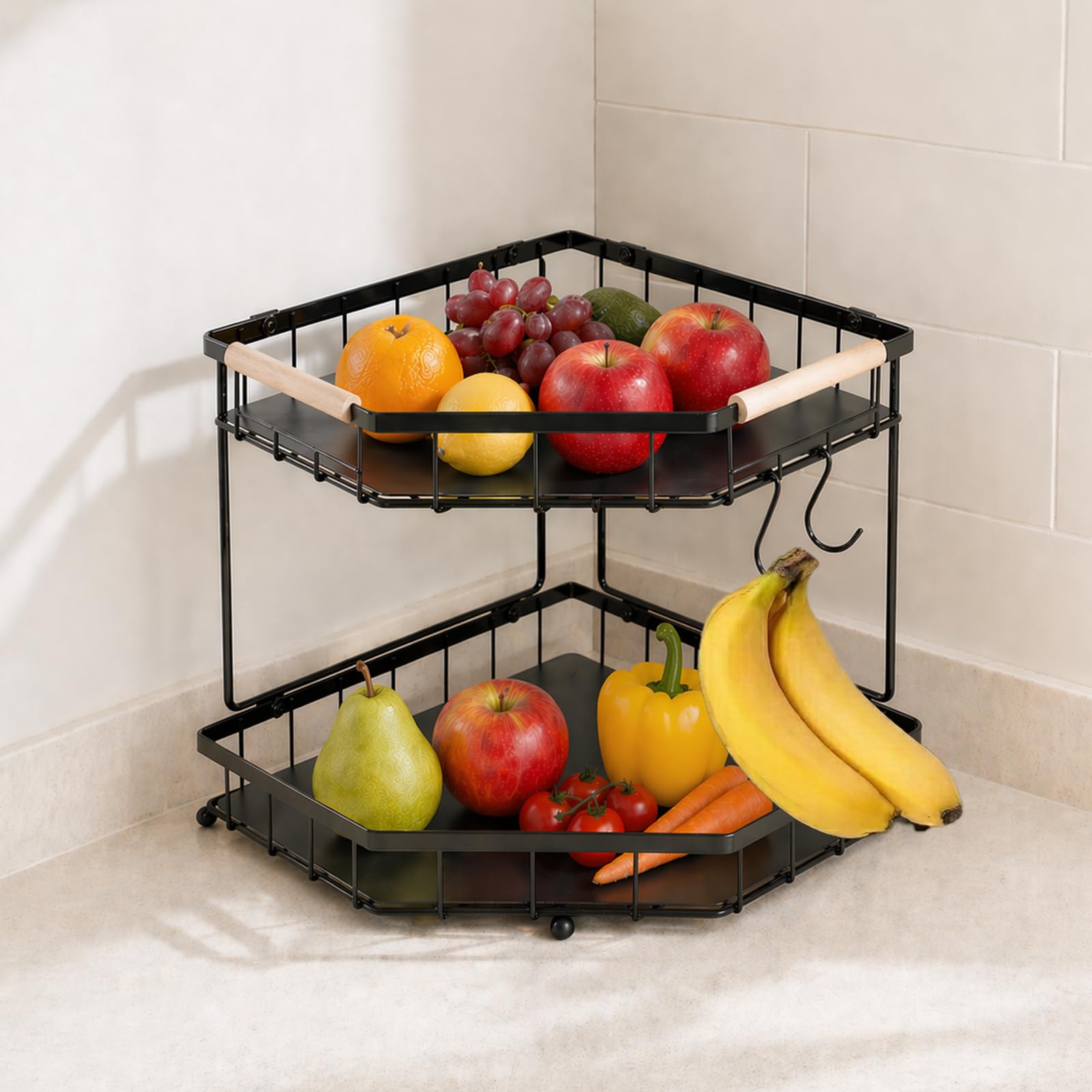 WuJiLiving 2 Tier Corner Fruit Basket for Kitchen Counter, Detachable Metal Fruit Bowl with 2 Banana Hangers, Protective Mats, Large Capacity Fruit and Veg Storage with Wooden Handles, Black
