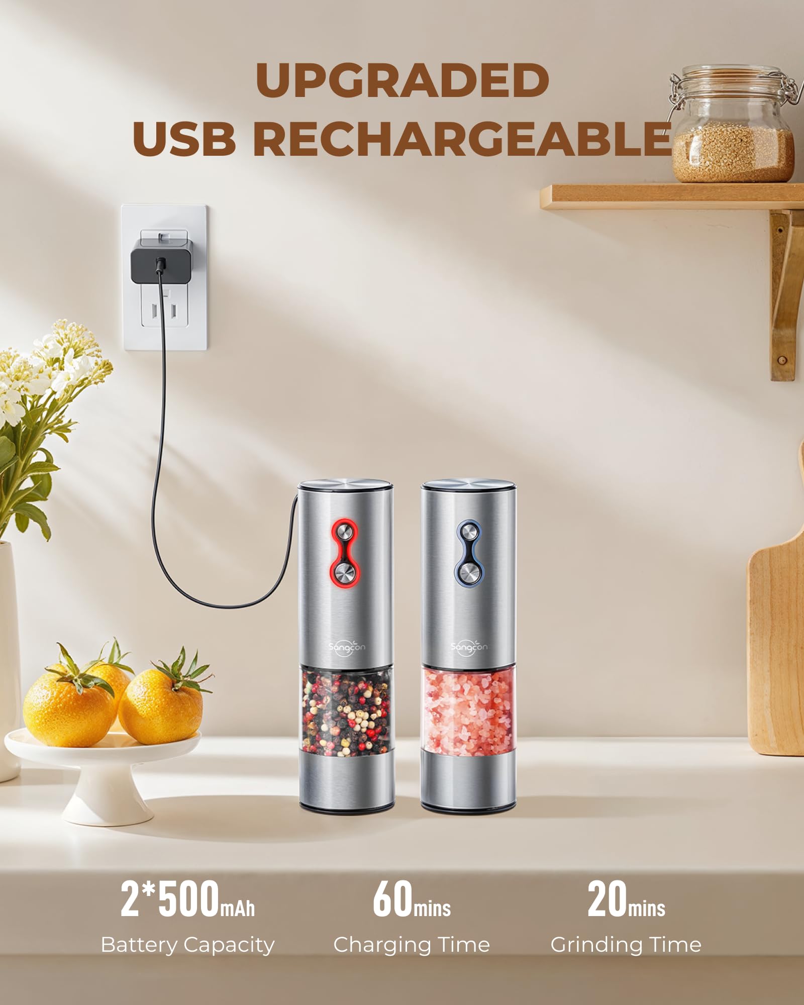 Sangcon 2-biegowy elektryczny zestaw młynków do soli i pieprzu, 500 mAh, duża pojemność, akumulator, stal nierdzewna, automatyczny młynek do soli i pieprzu, podwójne światło LED z osłoną przeciwpyłową