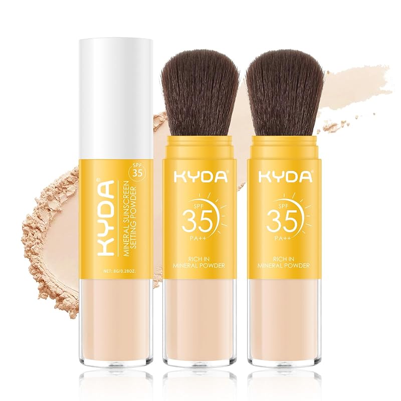 FREEORR Protetor solar facial em pó mineral com pincel FPS 35, tom #2 Medium, Pacote com 2