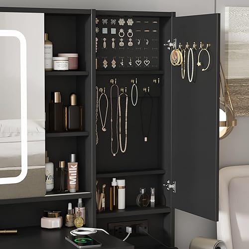 Miniatura 2 de Vabches Vanity Desk with Mirror and Lights, Vanity Table Makeup Vanity with Lights 3 Drawers and Cabinets, Charging Station & Sliding Door, Lots