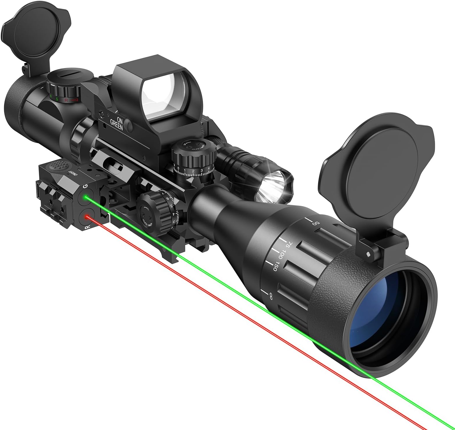 MidTen 4-16x50 AO Scope Combo with Green/Red Dual Laser Sight, 5-in-1 Combo with Dual Illuminated Optics Scope & 4 Reticle Holographic Sight & Dual Color Laser Sight & Flashlight & Mount