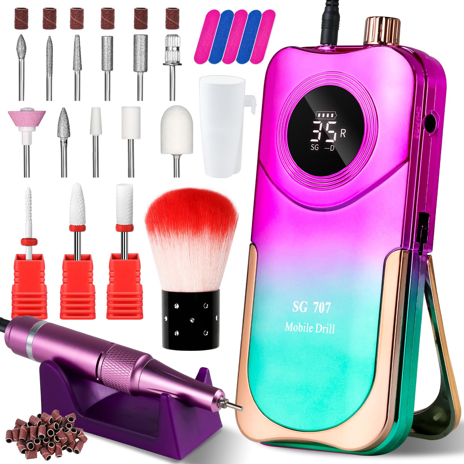 MOSKANY Professional Electric Nail Drill Kit 35000RPM with 14PCS Bits Purple Green Portable Rechargeable Cordless File Machine for Acrylic Gel Powder Nails and Manicure Pedicure Toenail Tool Salon Set - main product image