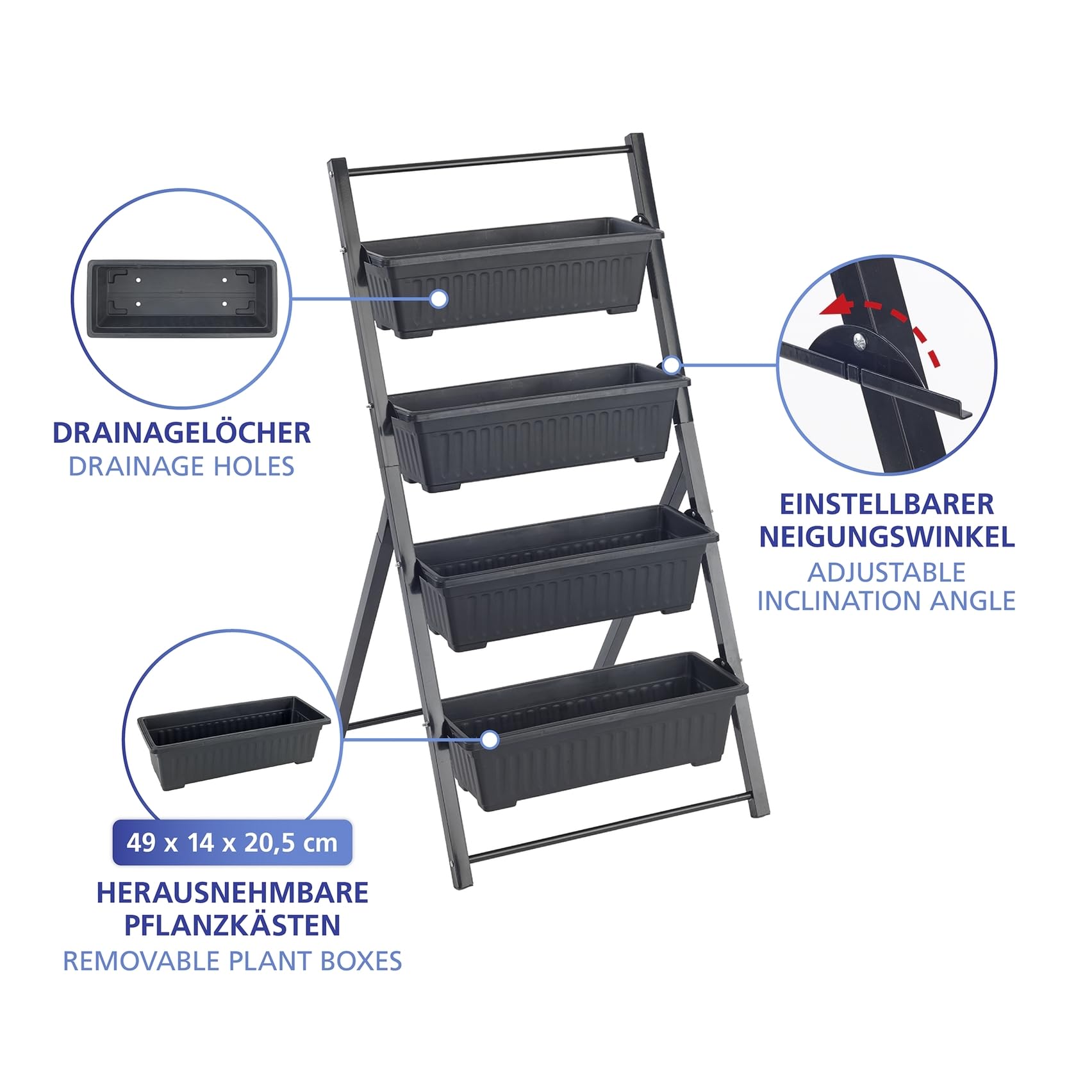 Maximex Lit surélevé Jardin Vertical 4 Niveaux pour Balcon et terrasse bacs Amovibles Plastique résistant aux intempéries 56,5 x 108 x 62 cm Noir