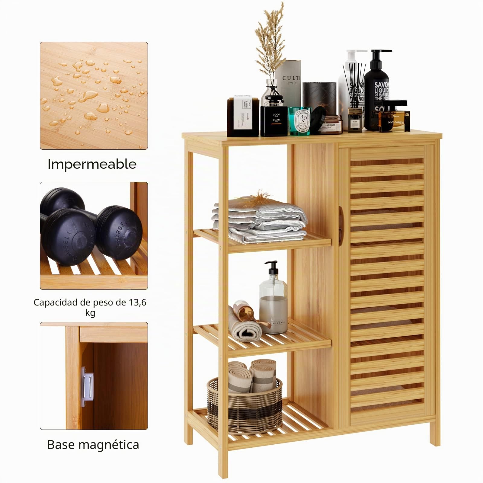 soges Armario de almacenamiento de baño con puerta y estantes, organizador de armario de almacenamiento, gabinete de bambú de 3 niveles para cocina, sala de estar, baño