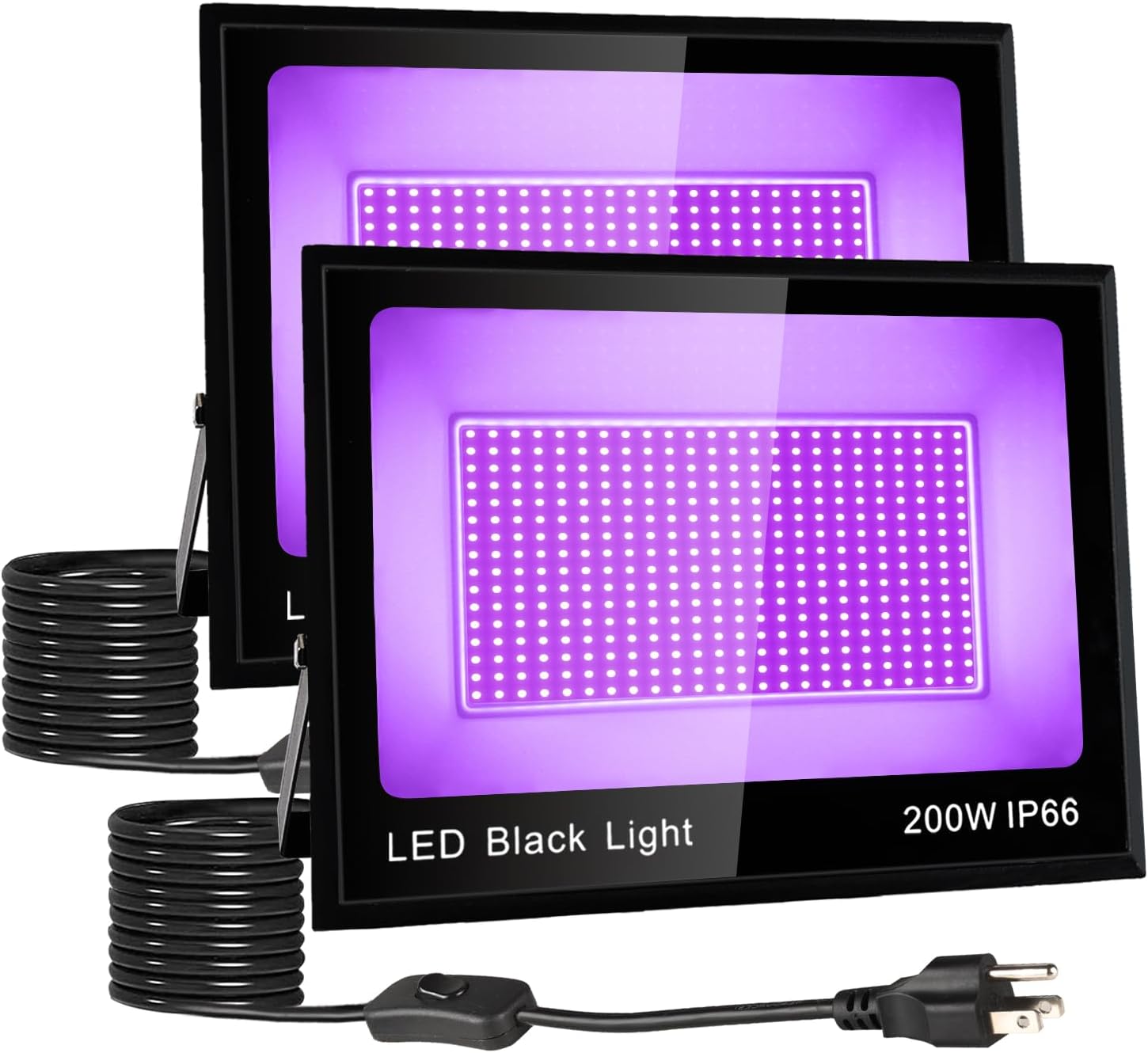 2 Pack 200W LED Black Light, Blacklight Flood With Plug & Switch, IP66 Waterproof Outdoor Spotlight for Neon Glow Party Fluorescent Poster Body Paint Stage Lighting Halloween Decor