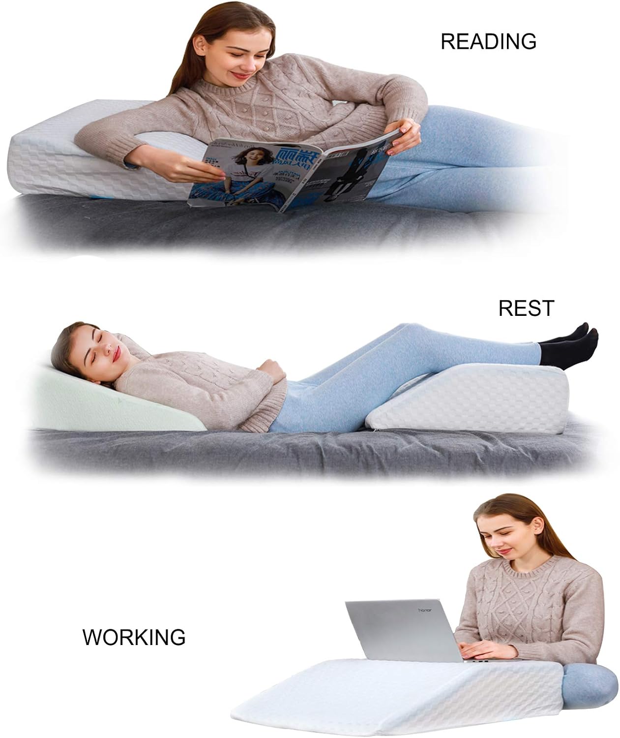 WAJ Bed Wedge Pillow for Sleeping Elevated Support Wedge Pillow with Cooling Memory Foam Top Snoring Pillow for Lower Back Pain Acid Reflux Heartburn Allergies and Legs,Removable Washable Cover