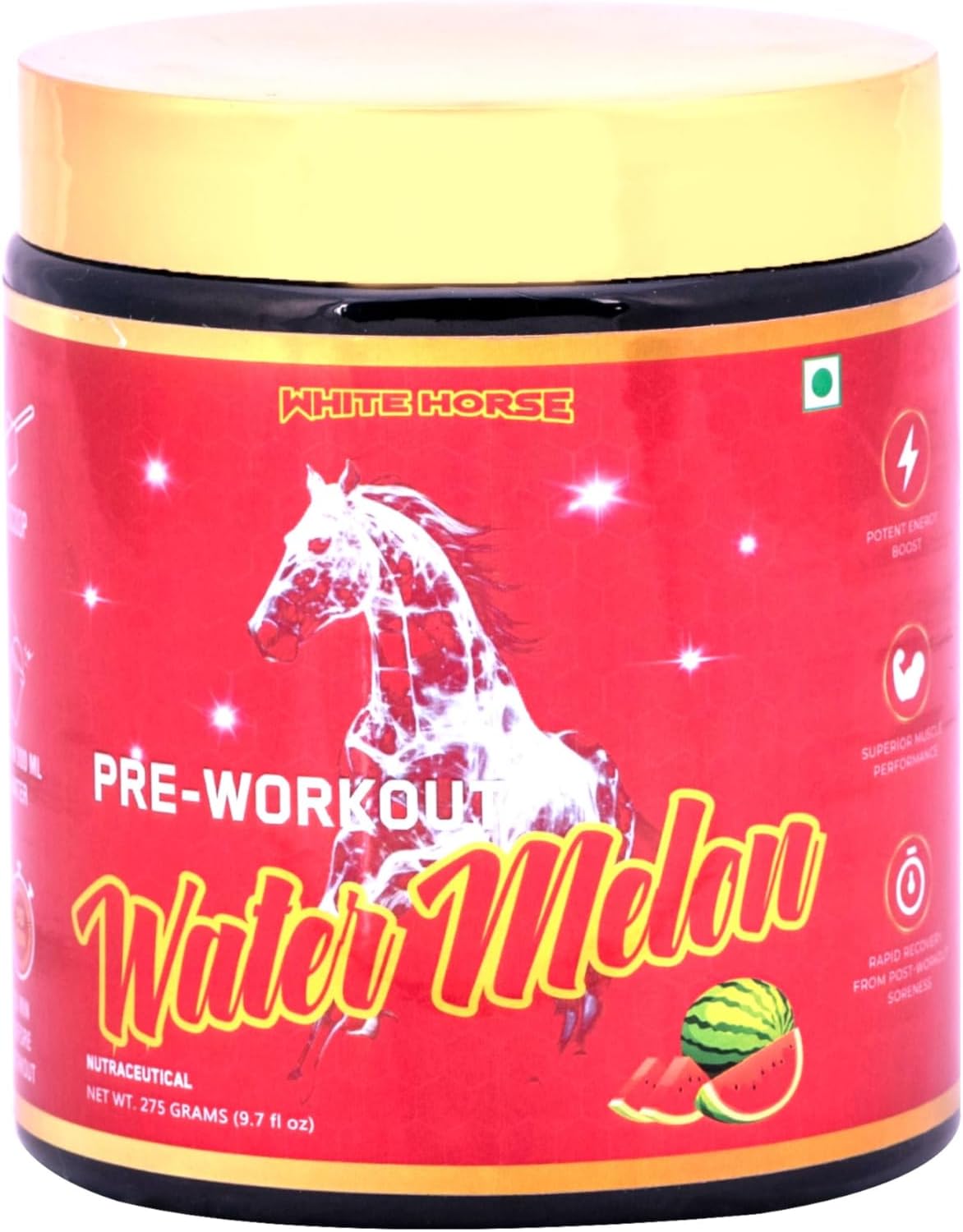 NutriSpark White Horse- Pre work out Workout Supplement with Creatine HCl, Beta-Alanine, Glutamine - Energy and Muscle Management, Unisex-Watermelon 275gm