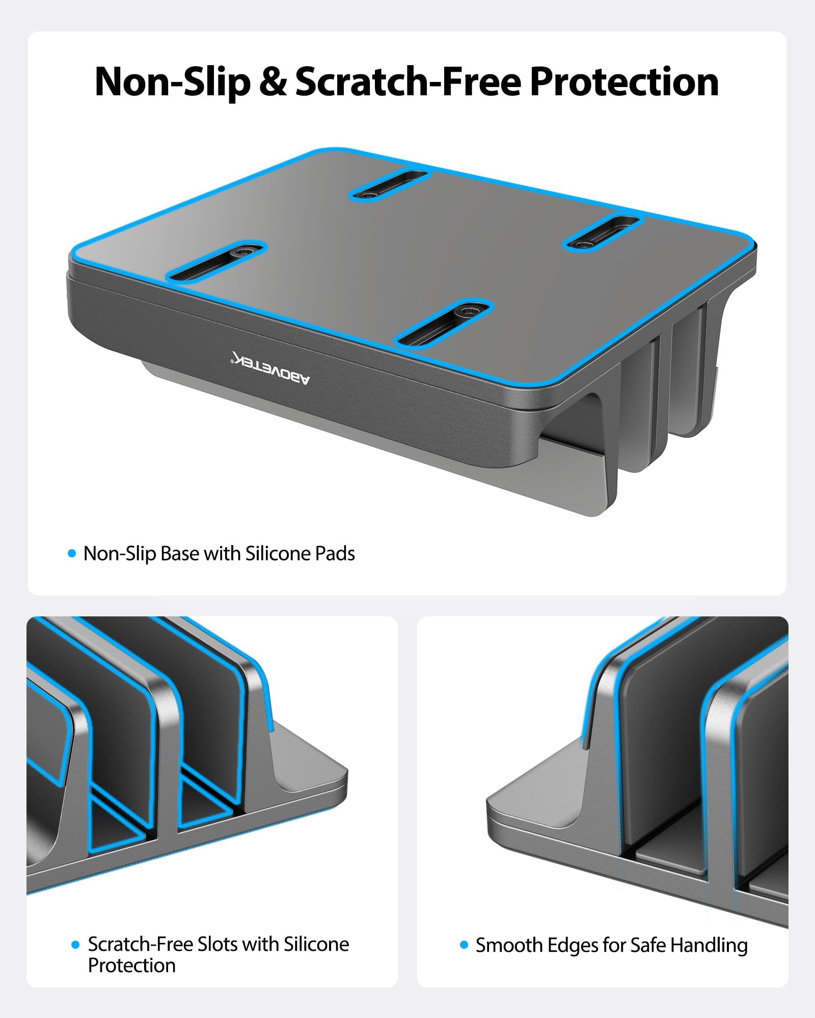 AboveTEK Pionowy stojak na laptopa, 3 przegródki na komputer, tablet, telefon - pasuje do wszystkich modeli laptopów (do 43.9 cm) - wytrzymały uchwyt biurkowy z polerowanego aluminium, antypoślizgowe