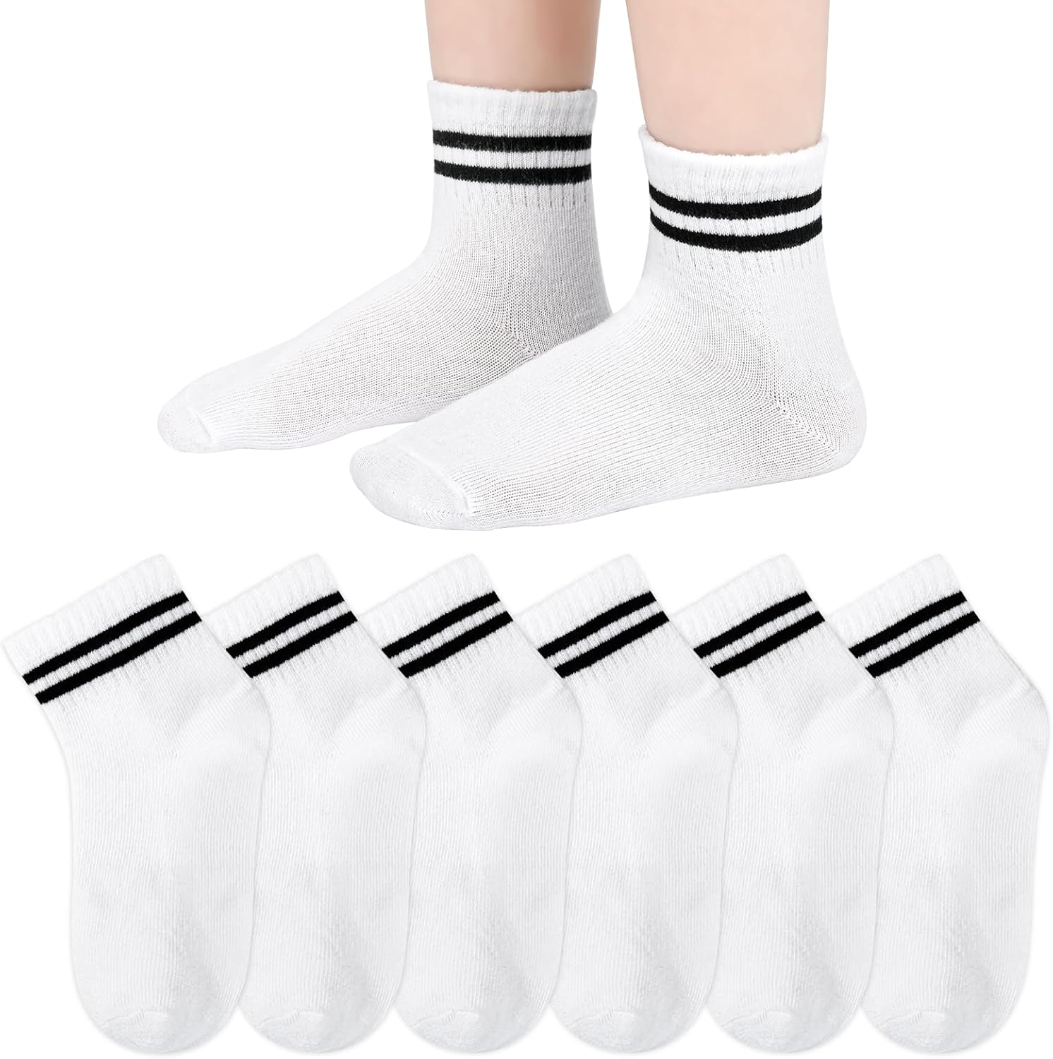 Boys Girls Seamless Stripe Socks, Cotton Athletic Crew Socks, 3-13 Years Black White Grey For Kids 5 -Pairs