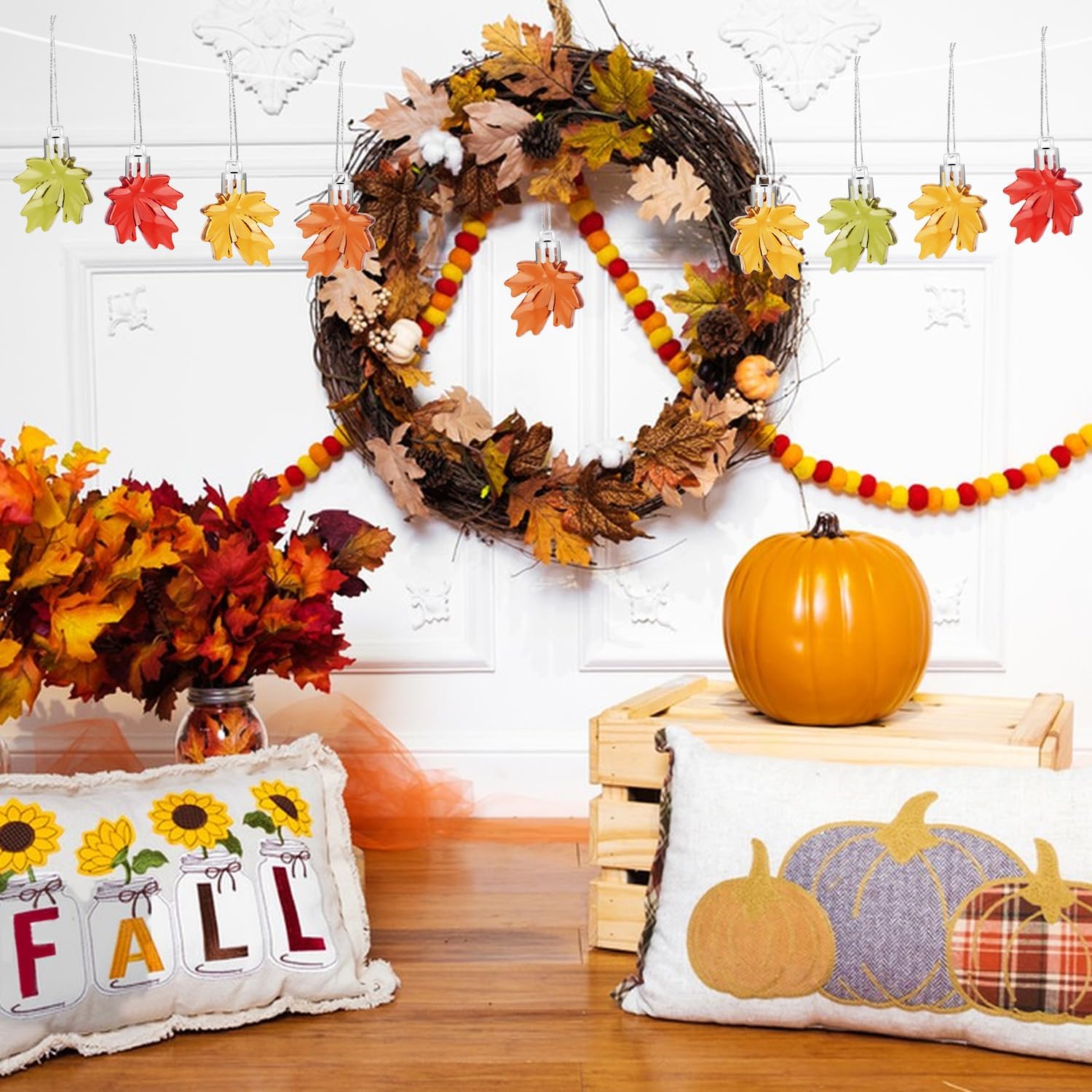 YiYa Acrylic Leaves Ornaments Thanksgiving Plastic Maple Leaf Pendant Small Tree Hanging Ornament for Home Autumn Party Thanksgiving Home Wedding Decor Harvest - Image 5