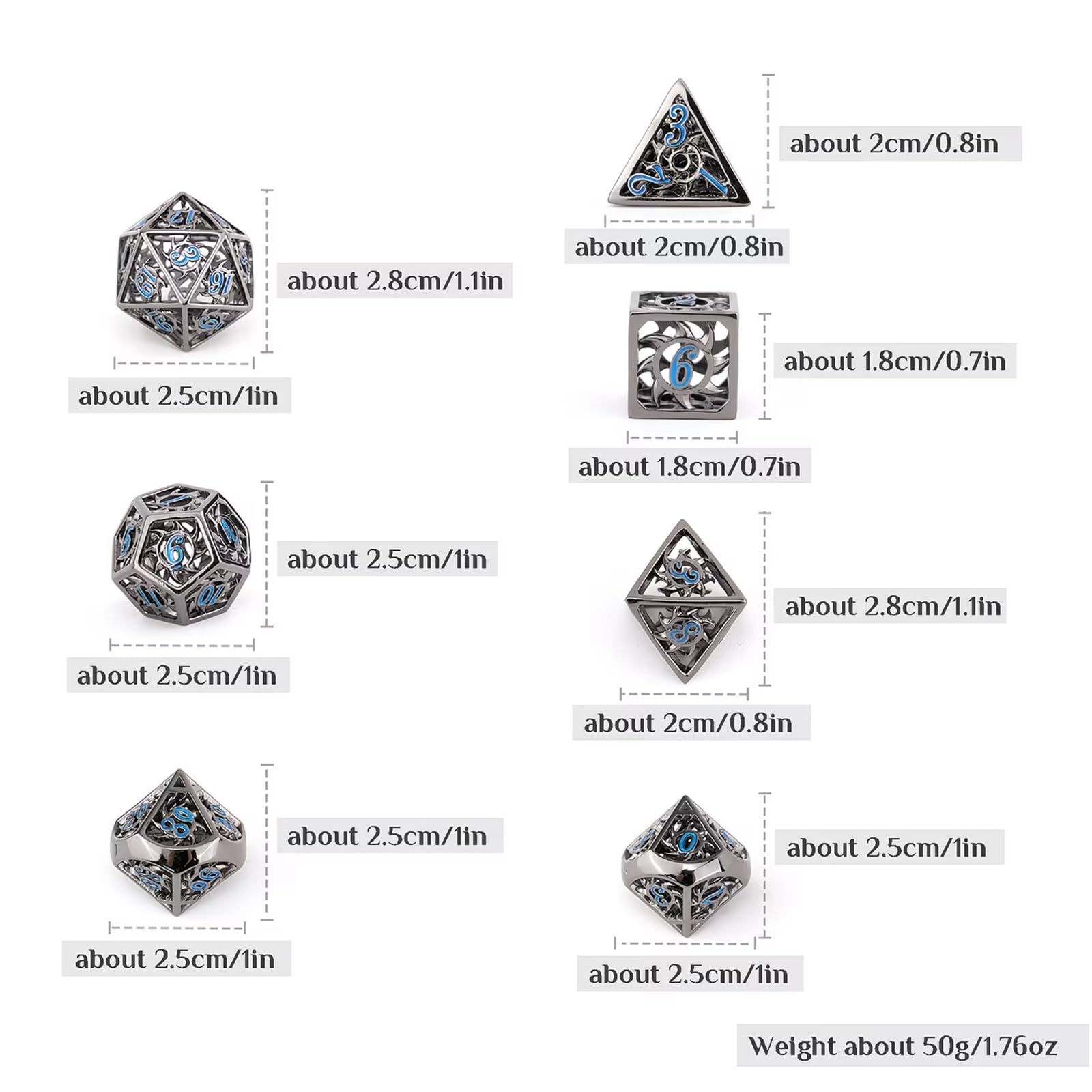 Dés Métalliques à Tornade Noirs et Bleus (7 Pièces), Polyèdres Creux, Compatibles avec Les Jeux de Rôle de Plateau et de Cartes