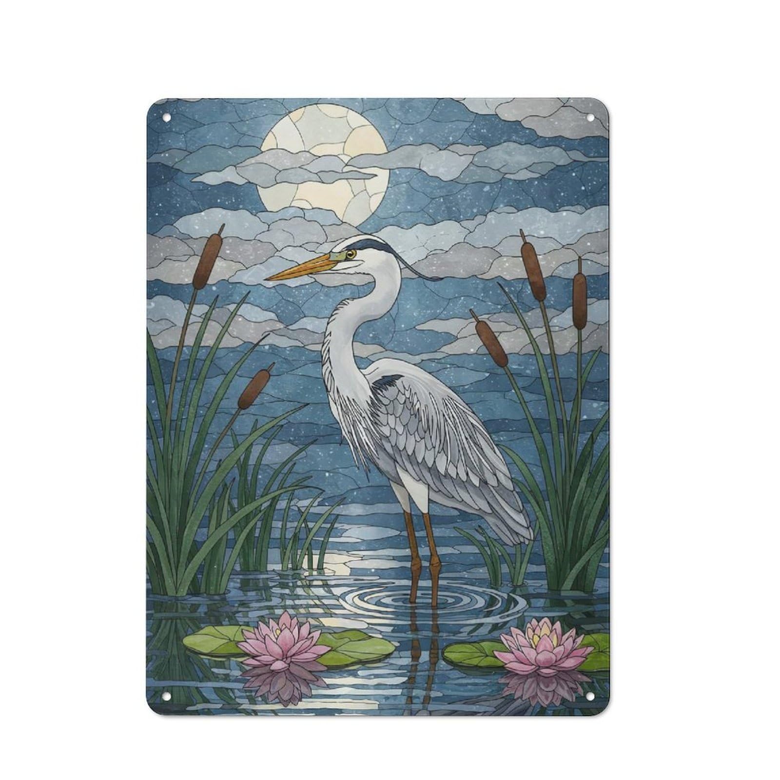 Junmoney Heron In Water With Lily Pads Metal Wall Sign 40X30cm, Retro Decor For Home Bar Wall, For Metal Sign Collectors, For Garage And Workshop Walls