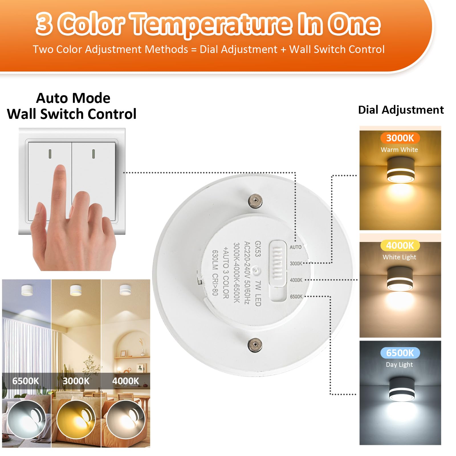 Aufbauspot Deckenspot Weiß flach, Aufbaustrahler 6W CCT 3000K/4000K/6500K, LED Spots Dimmbar, Aufputz Spots 230V mit GX53 Fassung, Deckenstrahler Aluminium für Schlafzimmer, Badezimmer 4Stück
