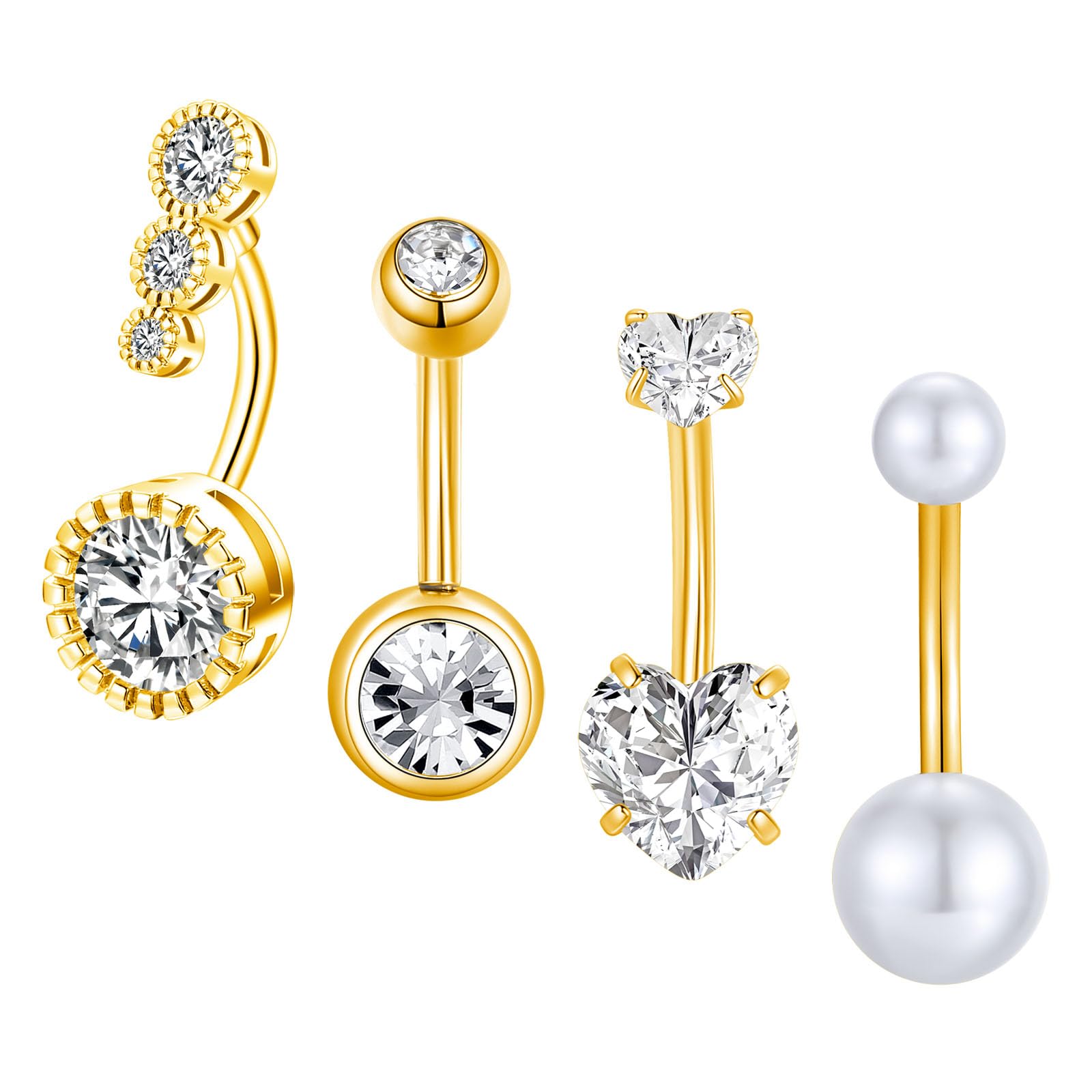 Gojewen 4piezas piercing ombligo 6mm 8mm 10mm 12mm 14mm piercing ombligo acero quirurgico Plata Oro Corazón Cristal Perla ombligo Piercing Joyas